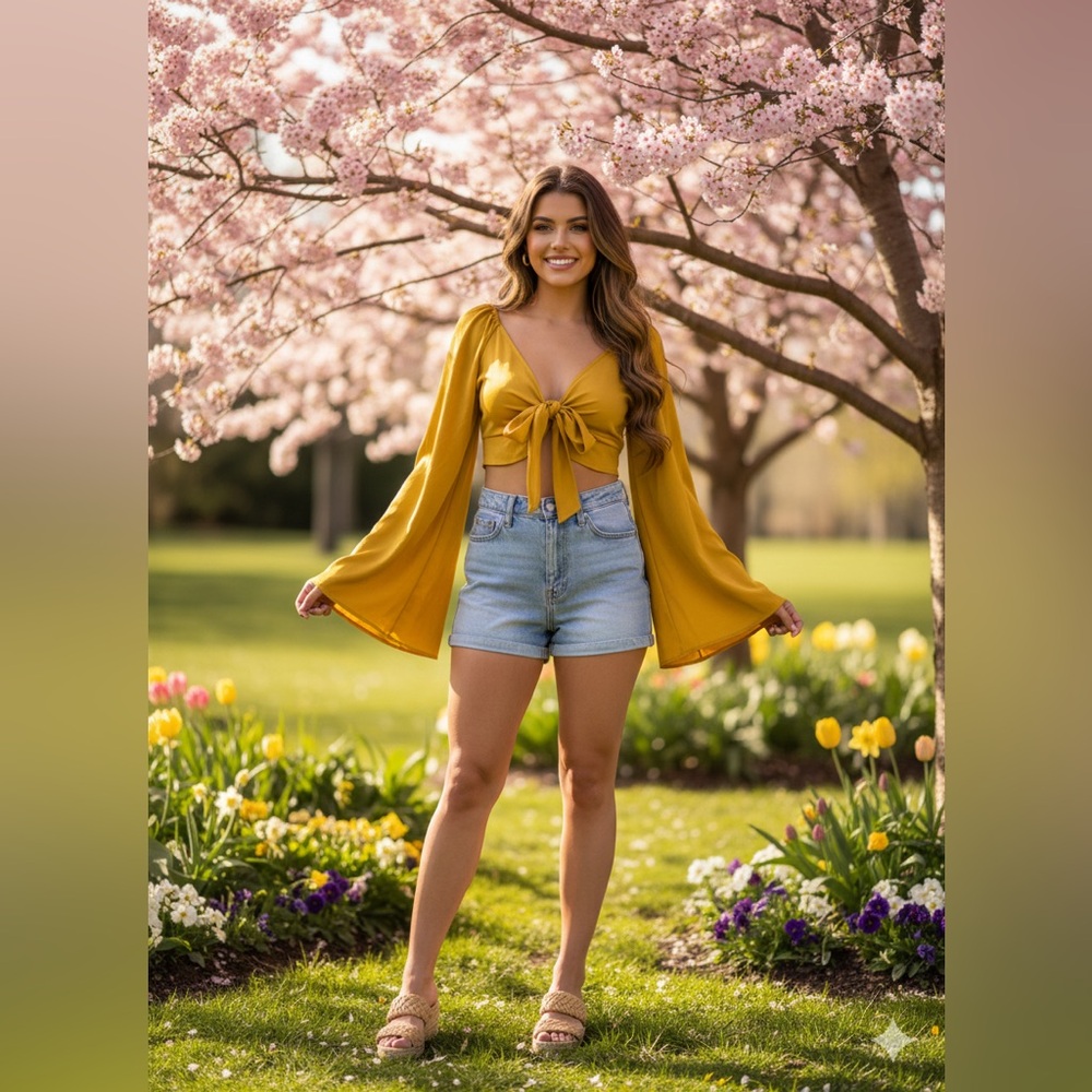 Nasty Gal Yellow Long Sleeve Tie-Front Crop Top--Women's small